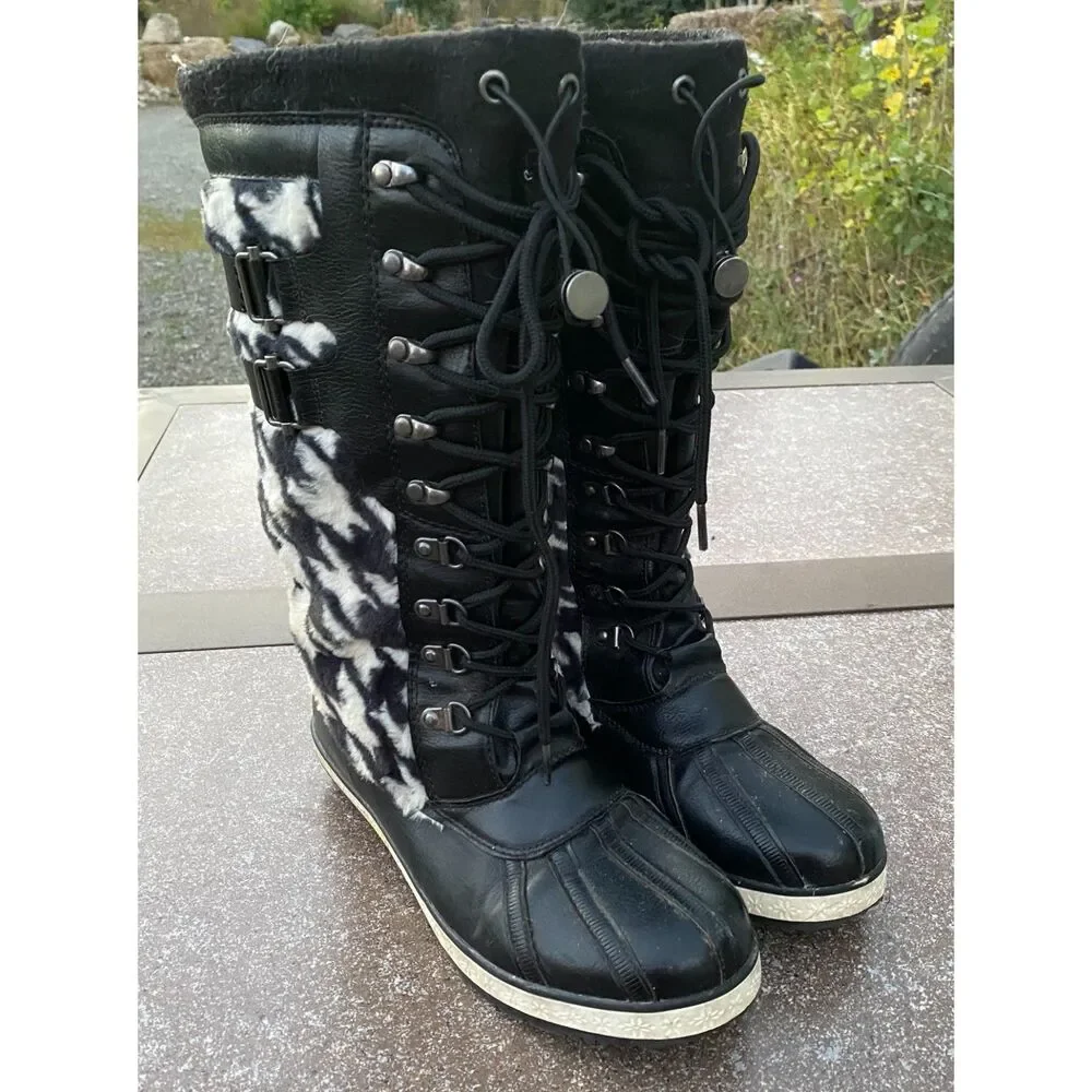 Esangli Houndstooth Faux Fur Tall Snow Duck Boots - Women’s Size 7.5 (EU 38)